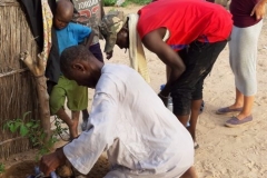 Weiter werden die mitgebrachten Pflanzen verteilt. Banique pflanzt den ersten Baumsetzling im Dorf Patar ein.